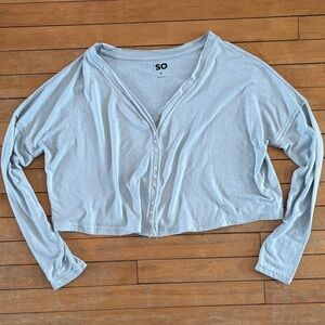 SO Pale Blue Cropped Button-Up Long Sleeve distressed raw hem cardigan